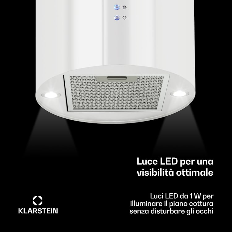 Barett - Cappa aspirante a isola, Ø 35 cm, ricircolo, 558 m³/h, LED, filtri ai carboni attivi Bianco