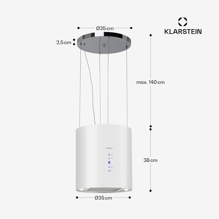 Barett - Cappa aspirante a isola, Ø 35 cm, ricircolo, 558 m³/h, LED, filtri ai carboni attivi Bianco