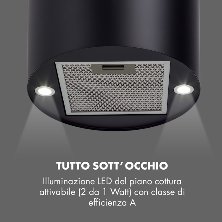 Barett - Cappa aspirante a isola, Ø 35 cm, ricircolo, 558 m³/h, LED, filtri ai carboni attivi Nero