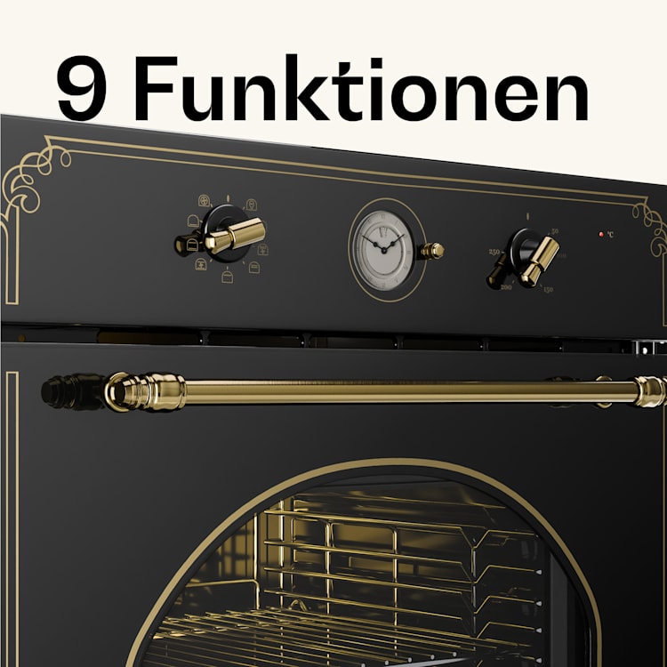 Victoria Einbaubackofen Retro-Design 9 Funktionen 50-250°C schwarz Schwarz