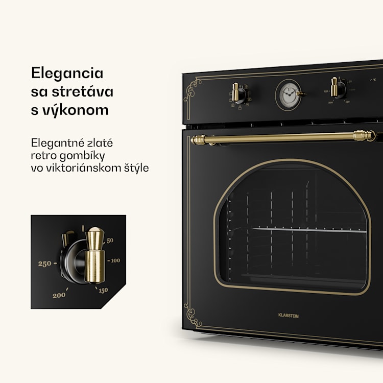 Victoria, vstavaná rúra, retro vzhľad, 9 funkcií, 50 – 250 °C, čierna 