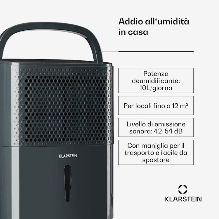 DryFy 10 Deumidificatore 240W 10l/d 100m³/h 15-20m² 10L/24h | Antracite