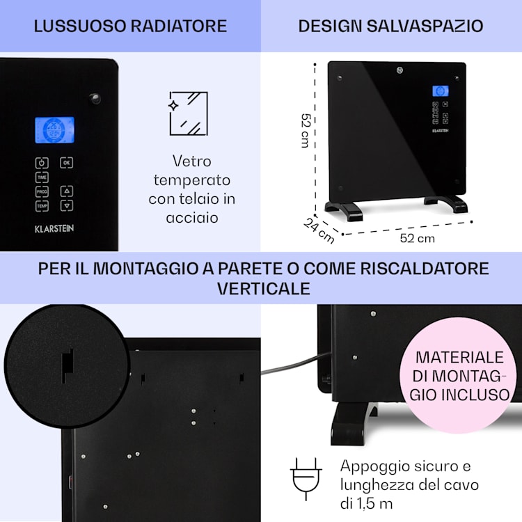 Norderney Termoconvettore Termostato Timer 1000W 20m² nero 1000 W | Nero
