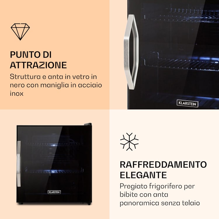Beersafe L Onyx - Frigorifero, 47 litri, 2 ripiani, sportello panoramico in vetro 47 Ltr | Nero