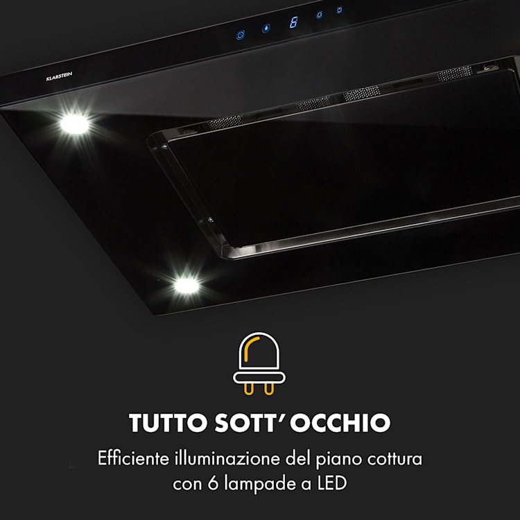 Valeria Cappa a Isola 90cm 650m³/h Scarico Touch LED Vetro Inox Nero