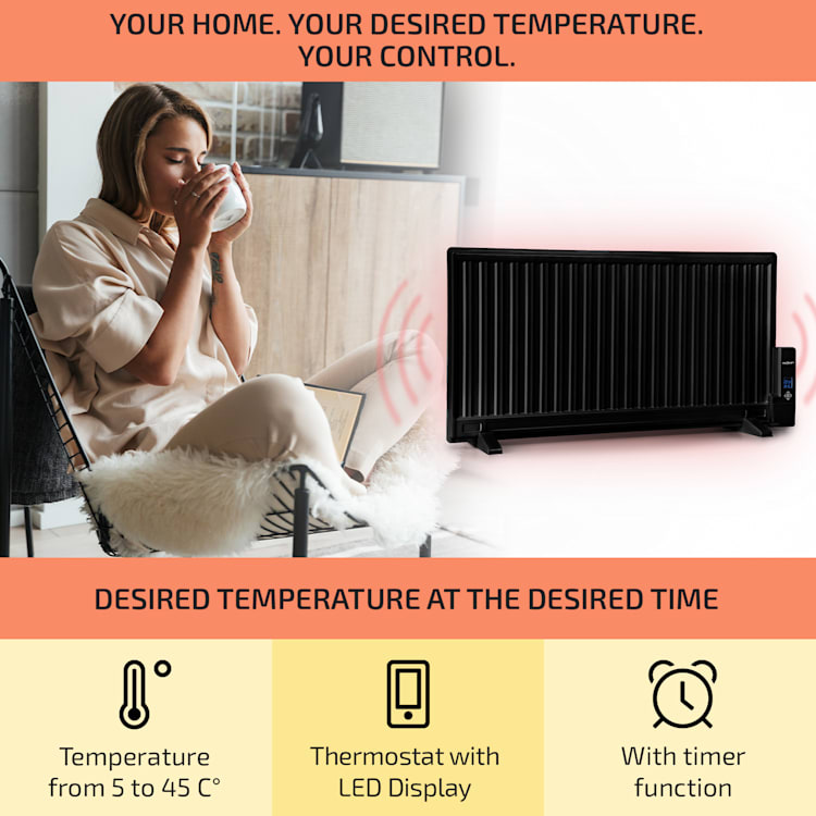 Wallander, oljni radiator, 1000 W, termostat, oljno ogrevanje, ultra ravna oblika, črna 1000 W | Črna