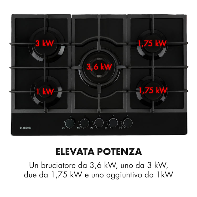 Ignito Piano cottura a gas a 5 fuochi 5 zone bruciatori vetroceramica nero 