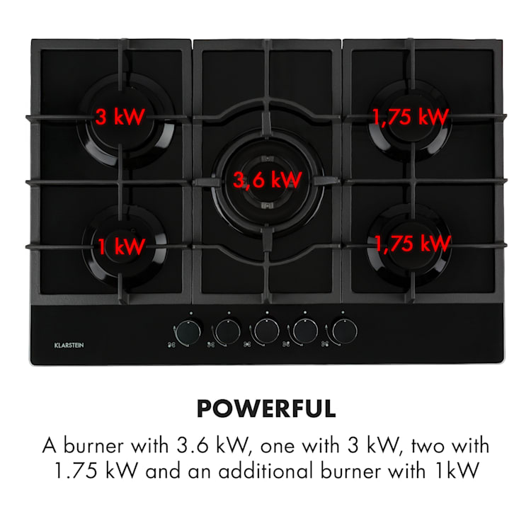 Ignito 5 Zone Gas Hob 5-Burner Burner Glass Ceramic Black 5 | Black Glass