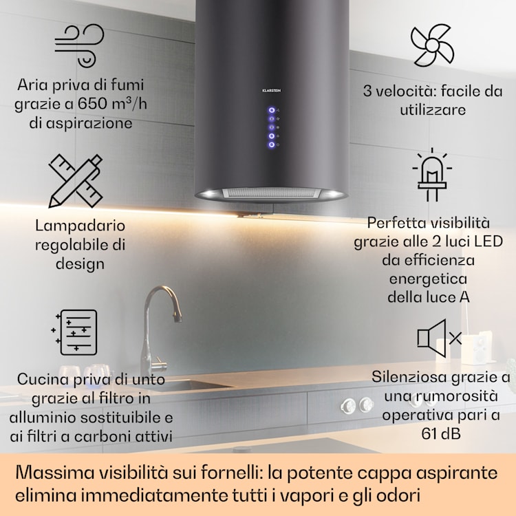 Klarstein Beretta cappa aspirante a isola Ø35cm a ricircolo 650m³/h LED nero Nero