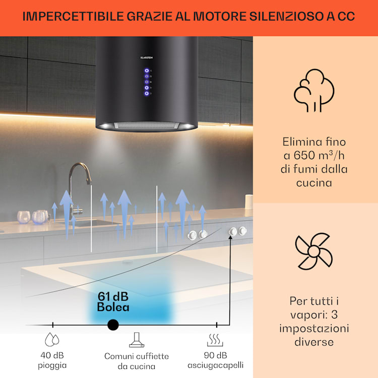 Klarstein Beretta cappa aspirante a isola Ø35cm a ricircolo 650m³/h LED nero Nero