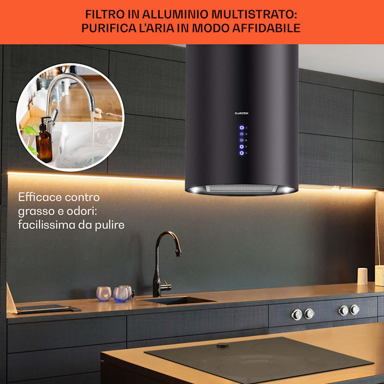 Klarstein Beretta cappa aspirante a isola Ø35cm a ricircolo 650m³/h LED nero Nero