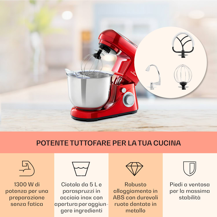 Bella Pico 2G, robot da cucina, 6 livelli, 5 litri, 1300W, 1,7 CV Rosso