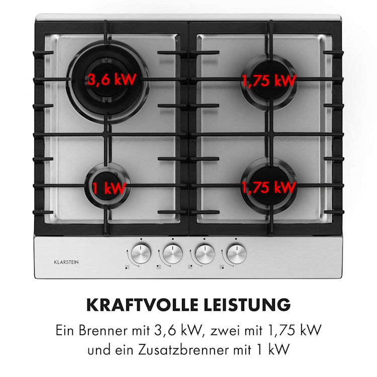 Ignito 4 Zonen Gaskochfeld 4-flammig Sabaf-Brenner Edelstahl silber 60 cm | Edelstahl | Silber