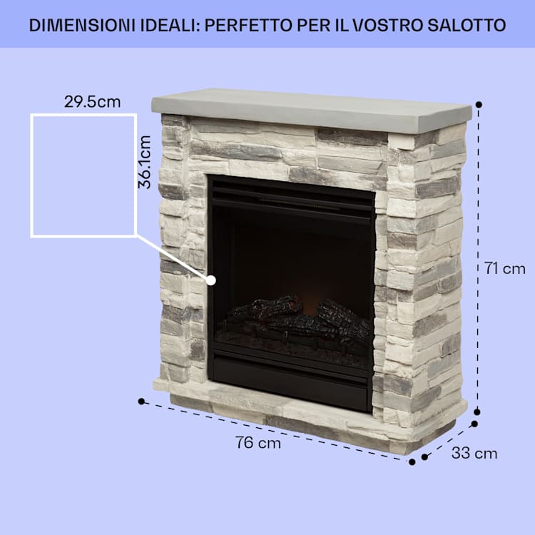 Lienz - Camino elettrico, 1800 W, elementi decorativi in polystone, telecomando 
