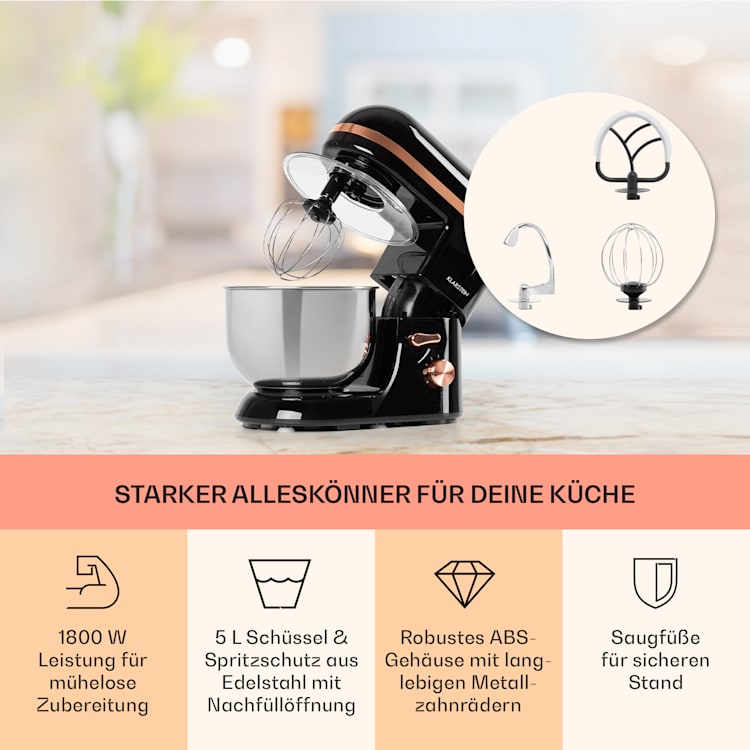 Bella Elegance Küchenmaschine 1800 W 2,7 PS 5,2 Ltr Edelstahl BPA-frei Schwarz