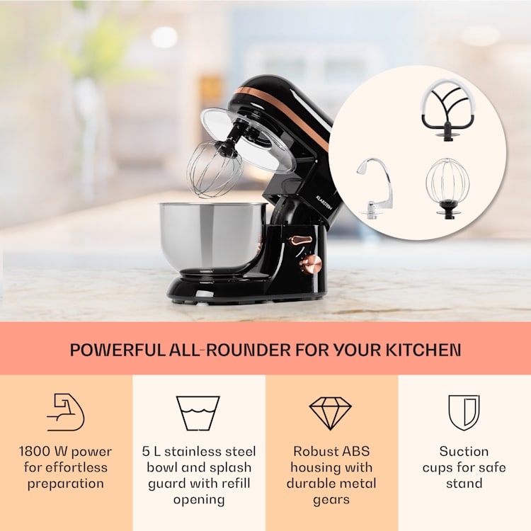 Bella Elegance Küchenmaschine 1800 W 2,7 PS 5,2 Ltr Edelstahl BPA-frei Schwarz