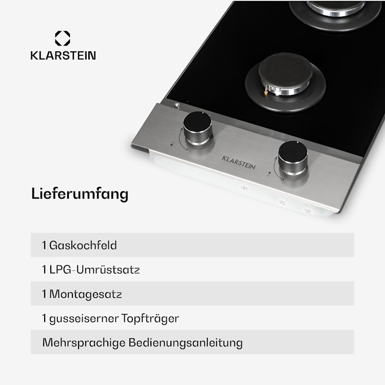 Alchemist Domino Gaskochfeld 2-flammig Aluminium-Brenner Glaskeramik 30 cm | 2 Brenner | Silber