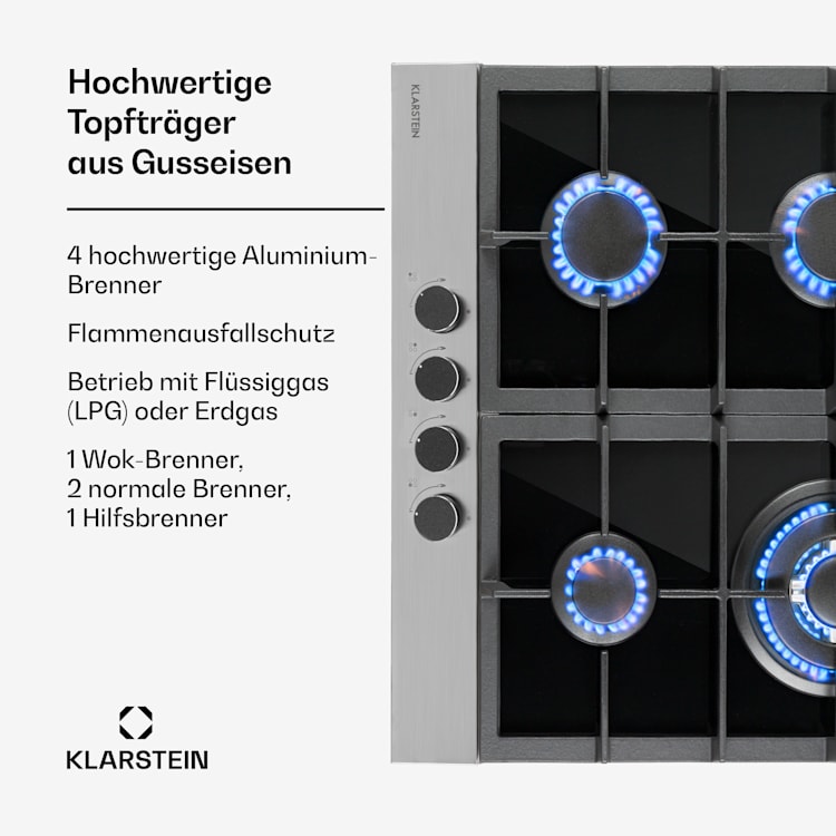 Alchemist 4 Zonen Gaskochfeld Aluminium-Brenner Glaskeramik schwarz 60 cm | 4 Brenner | Silber