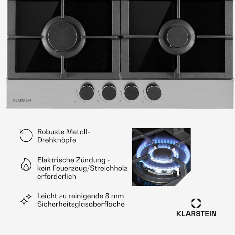 Alchemist 4 Zonen Gaskochfeld Aluminium-Brenner Glaskeramik schwarz 60 cm | 4 Brenner | Silber