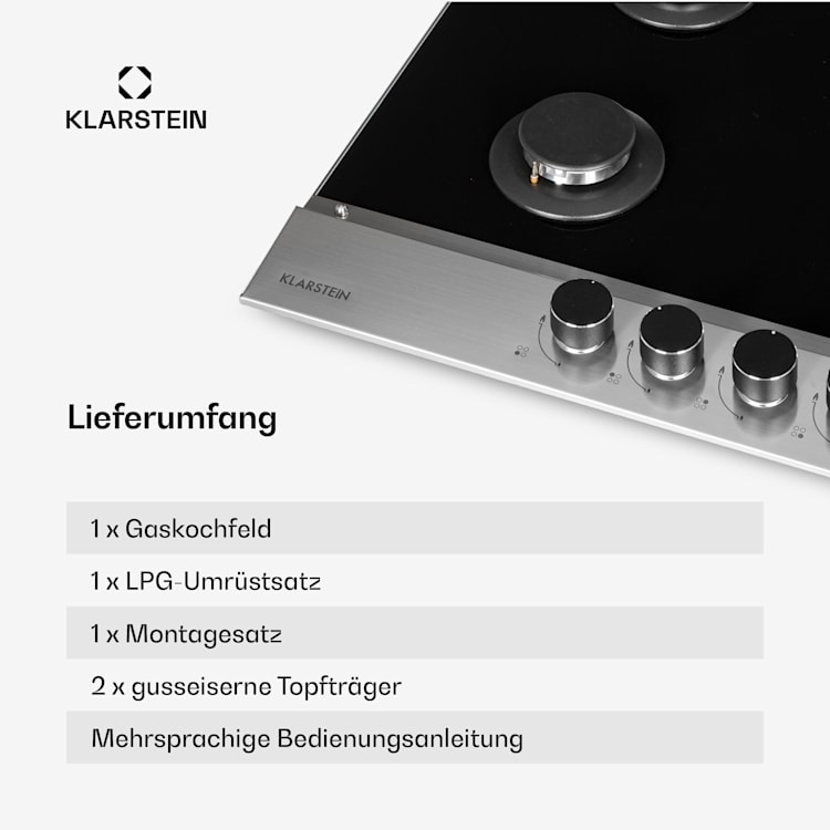 Alchemist 4 Zonen Gaskochfeld Aluminium-Brenner Glaskeramik schwarz 60 cm | 4 Brenner | Silber