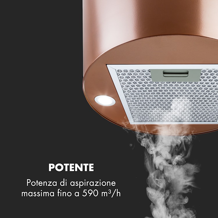 Barett - Cappa aspirante a isola, Ø 35 cm, ricircolo, 558 m³/h, LED, filtri ai carboni attivi Rame metallizzato