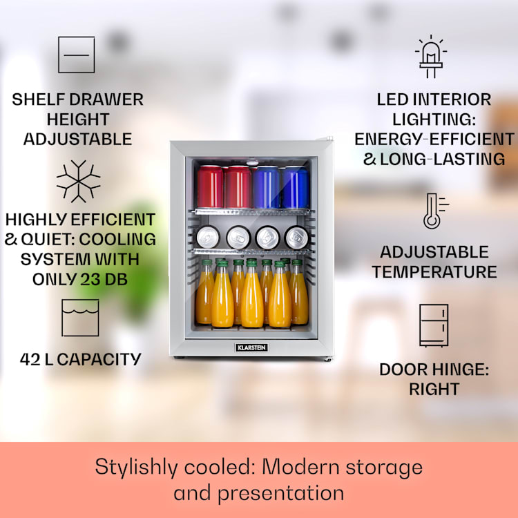 Brooklyn 42 Mini-Kühlschrank Glastür LED Ablage 42 Ltr | Silber-Metallic