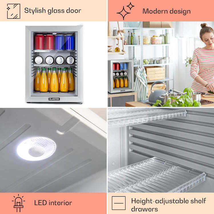Brooklyn 42 Mini-Kühlschrank Glastür LED Ablage 42 Ltr | Silber-Metallic