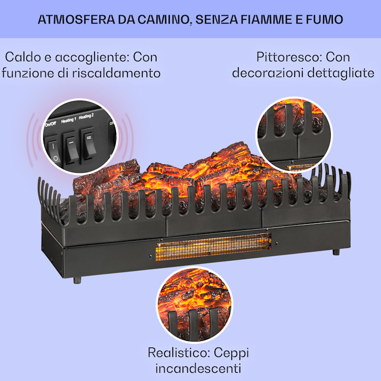 Camino elettrico da incasso FXL 1000/2000W 2W LED nero 67x23x22cm