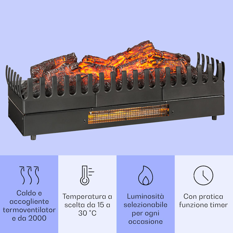 Camino elettrico da incasso FXL 1000/2000W 2W LED nero 67x23x22cm
