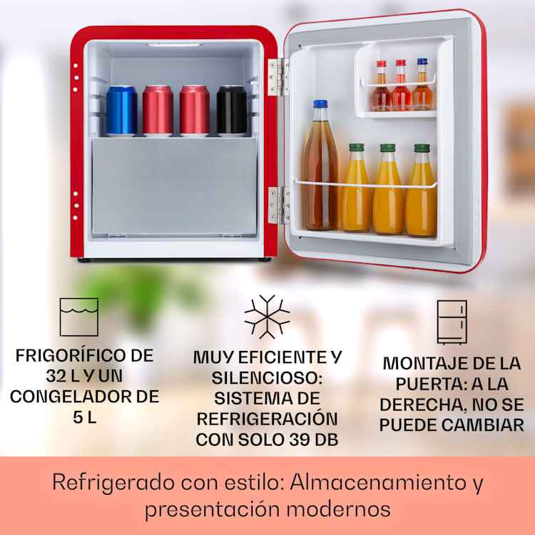 Audrey Mini 2 en 1 frigorífico, minibar, compacto, independiente, refrigeración por compresión, 37 litros, refrigeración: 0 - 10 °C, CEE F, compartimento congelador separado de 5 litros y 2 es 37 L