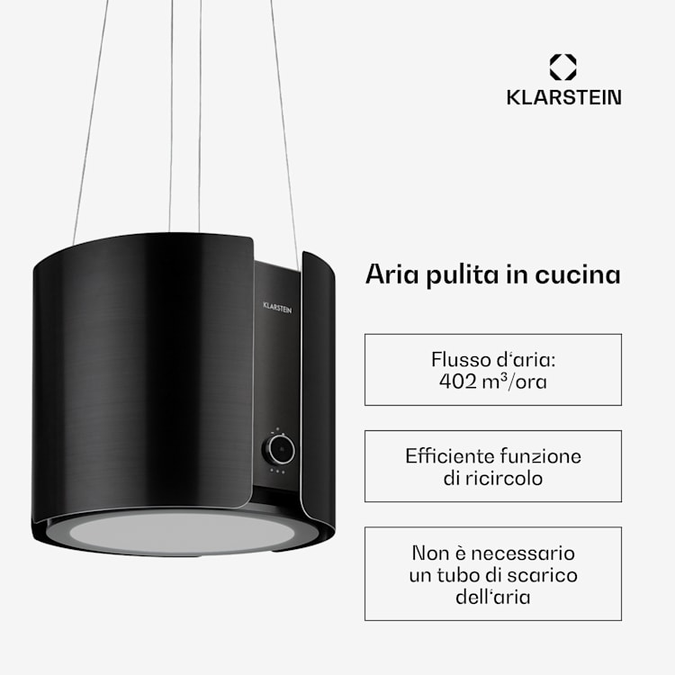 Skyfall Island Cappa aspirante a isola, Ø45cm, a ricircolo d'aria, 402m³/ora, LED Nero metallizzato
