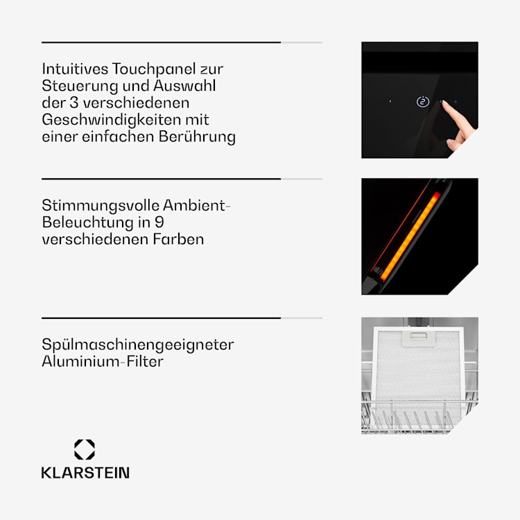 Eleonora 60, Cappa Aspirante, Pannello Touch, Luce Ambiente, A++, 426 m³/h 60 cm | Nero