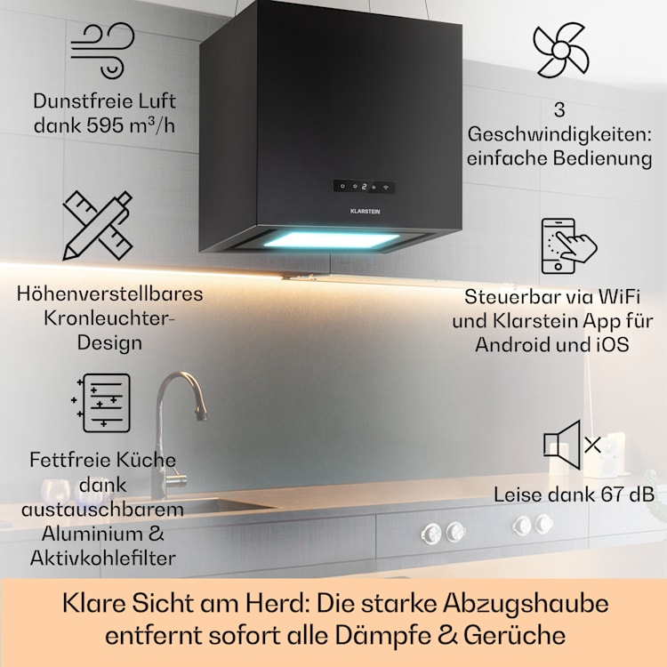 Kronleuchter Smart Inselabzugshaube 595m³/h App-Steuerung LED-Panel Schwarz