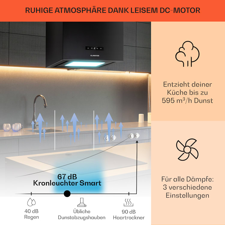 Kronleuchter Smart Inselabzugshaube 595m³/h App-Steuerung LED-Panel Schwarz