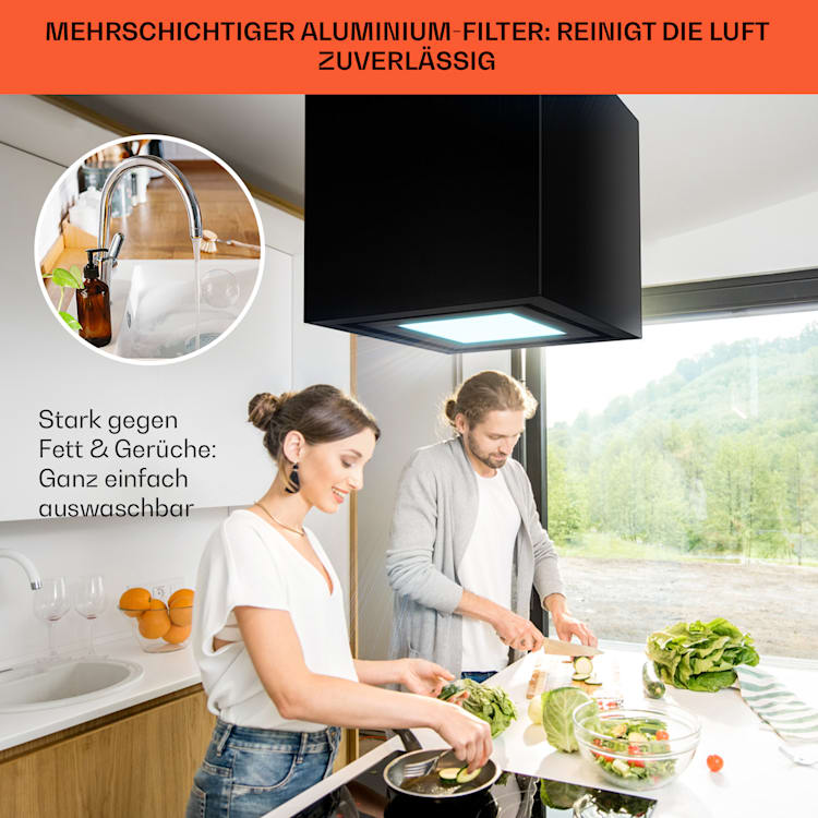 Kronleuchter Smart Inselabzugshaube 595m³/h App-Steuerung LED-Panel Schwarz
