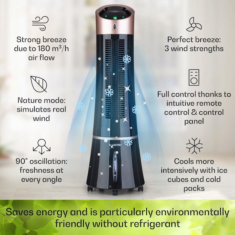 Skyscraper Ice - Ventilatore e raffrescatore evaporativo 4 in 1, 210 m³/h, oscillazione, portatile, telecomando 