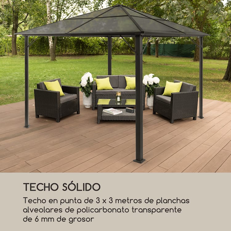 Panteón Cielo Sólido Pabellón Solar Ambiental con Techo Gris 3x3m Policarbonato Aluminio 3 x 3 m | Negro