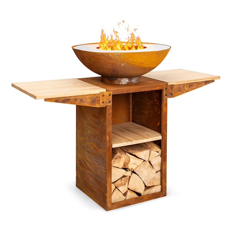 Savage 2.0 Tall braciere con grill incl. tavolini laterali in bambù  Copertura dalle intemperie In piedi | Ruggine