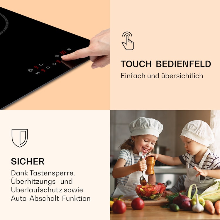 Virtuosa 3 Slim Kochfeld 3 Felder 5000 W Dualzone Timer Keramik 45 cm | Doppelt | Rahmenlos