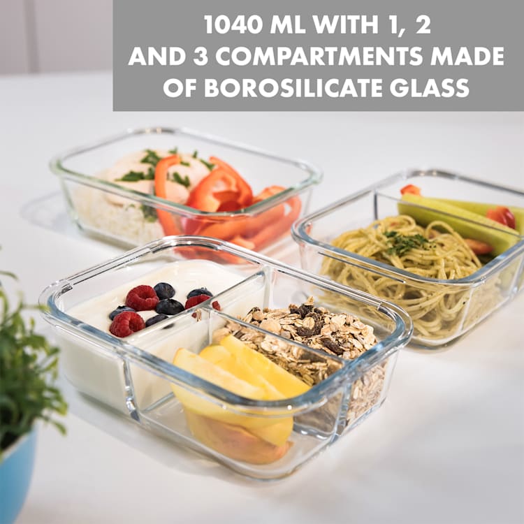 Hopewell, Food Storage Containers, Set of 3, 1040 ml, Borosilicate Glass, Lid, Bag 