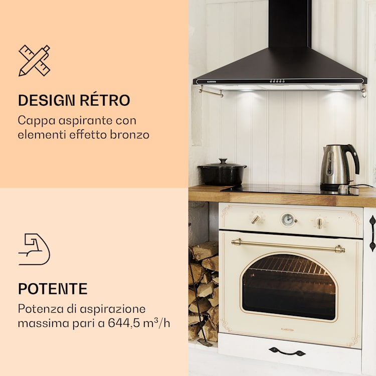 Victoria 90 - Cappa aspirante, 90cm, design rétro, 644,5 m³/h, 2 lampade a LED 90 cm | Nero