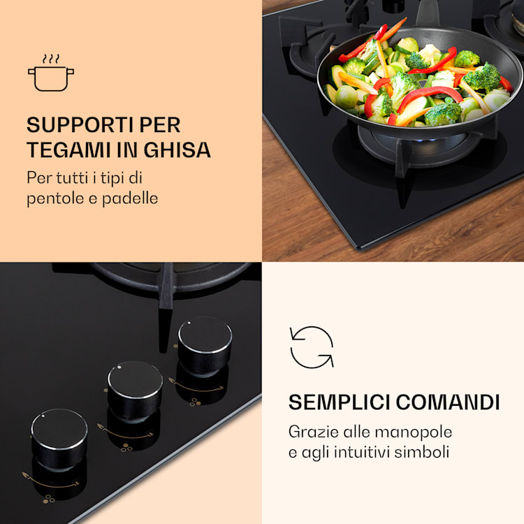 Goldflame 3 - Piano cottura a gas a 3 fuochi, bruciatori in ottone, vetroceramica Nero trasparente