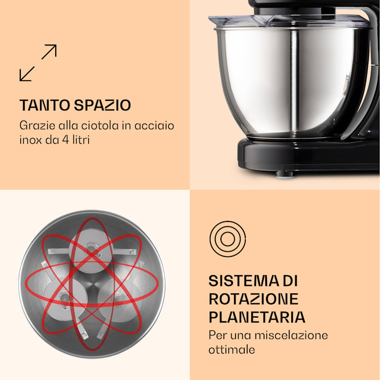 Bella Mini - Mixer da cucina, 1200 W, 6 livelli di potenza, 4 litri, acciaio inox, funzione a impulsi 