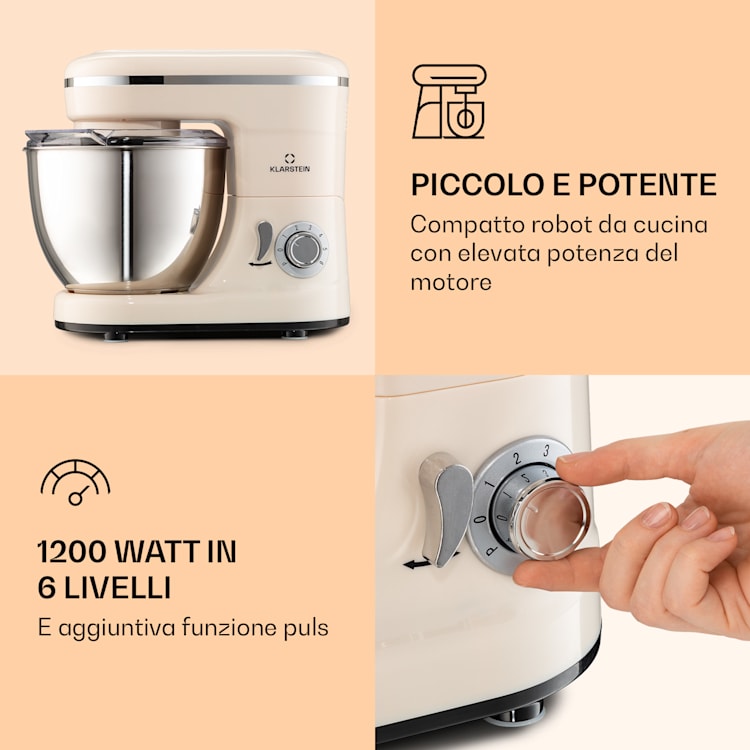 Bella Mini - Mixer da cucina, 1200 W, 6 livelli di potenza, 4 litri, acciaio inox, funzione a impulsi Crema vintage
