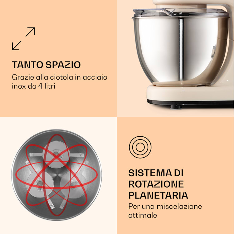 Bella Mini - Mixer da cucina, 1200 W, 6 livelli di potenza, 4 litri, acciaio inox, funzione a impulsi Crema vintage