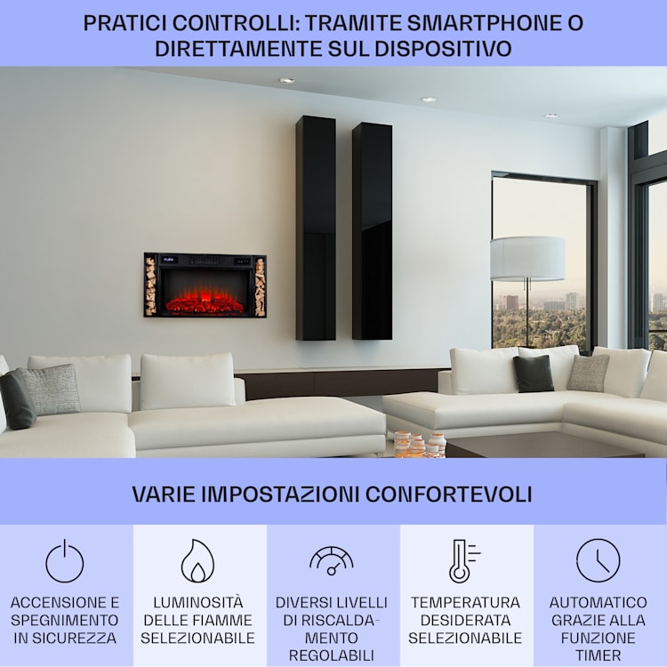 Villarrica caminetto elettrico, 1900 W, tecnologia a LED, incasso nel muro, telecomando  