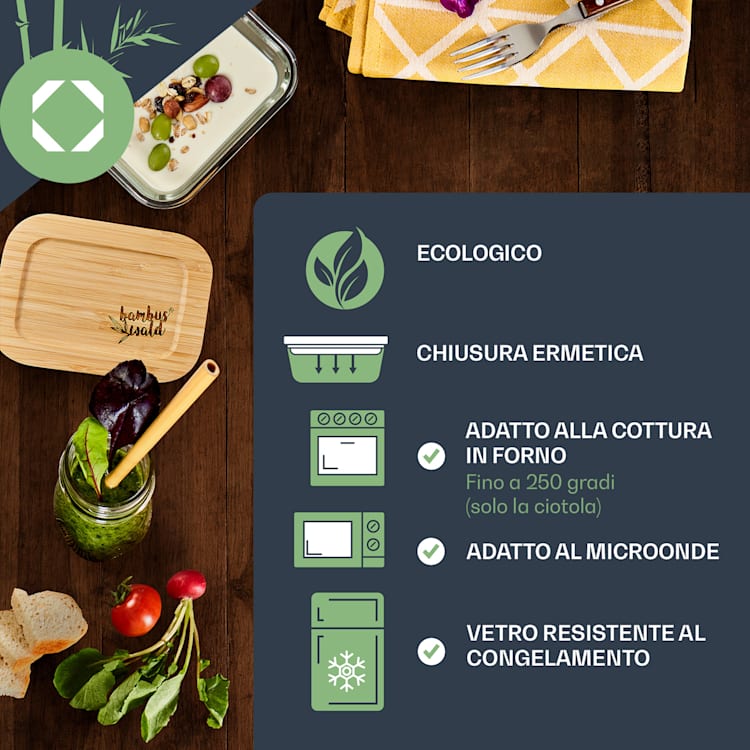 Set di barattoli per alimenti squadrati, vetro, coperchio in bambù, 4 pezzi, diverse dimensioni 