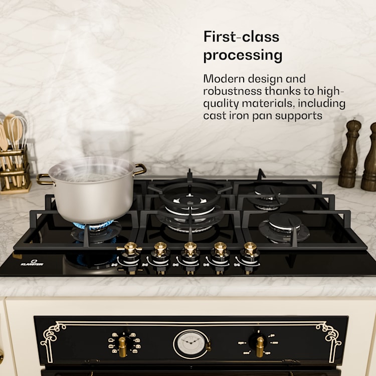 Victoria 5 Gas Hob 5-Flame Sabaf Burners Glass Ceramic Retro Look  75 cm | Glass | Black