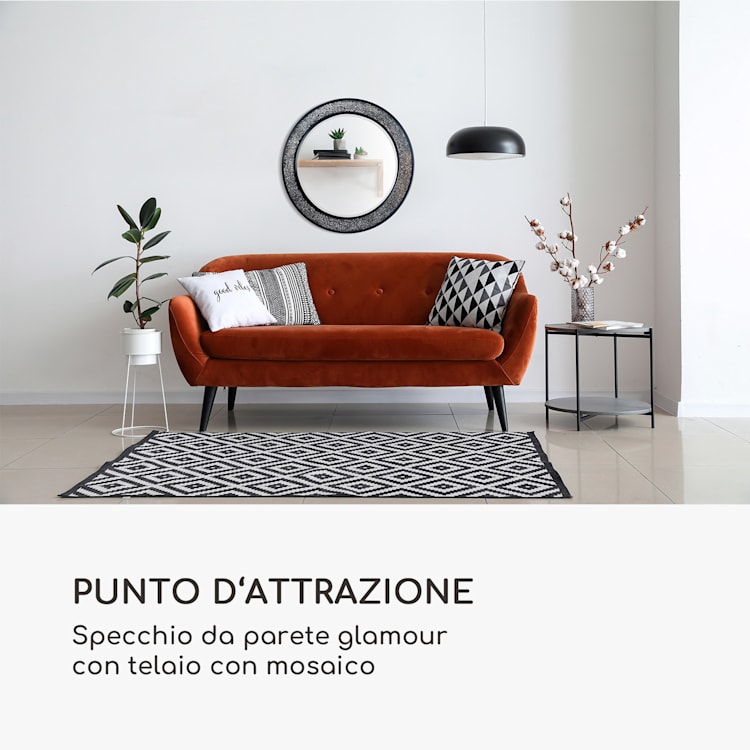 Cheyne specchio da parete, cornice di legno, rotondo, Ø 60 cm, design a mosaico Nero