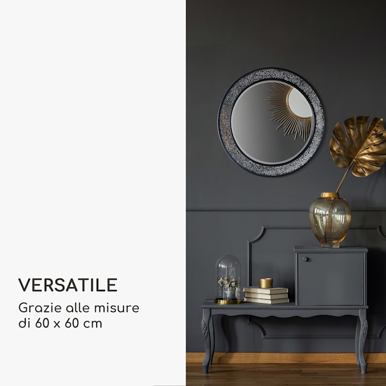 Cheyne specchio da parete, cornice di legno, rotondo, Ø 60 cm, design a mosaico Nero